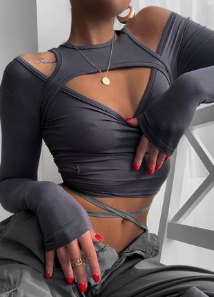 Асимметричный женский топ/ лонг с рукавами с вырезами🔥 белый/ черный/ серый графит