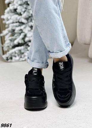 Жіночі кросівки на високій підошві чорні кеди на платформі замшеві кроссовки vovk високі сникерсы в стиле wolf4 фото