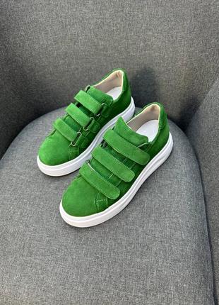Яркие зеленые замшевые кеды на липучках цвет на выбор4 фото