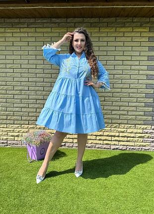 Платье украшено на груди и рукавах машинной вышивкой