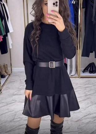 Стильное женское черное платье мини с поясом
