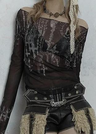 Сетка гранж панк рок y2k кофта с опущенными плечами