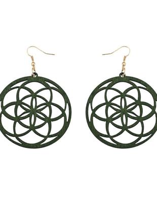 Круглые деревянные серьги зеленые