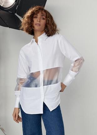 Удлиненная женская рубашка с прозрачными вставками1 фото