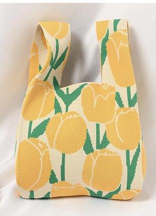 Тренд стильна жовто зелена в квіти жіноча в'язана текстильна сумка шопер3 фото