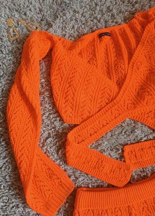 Вязаный оранжевый неоновый набор/топ и юбка