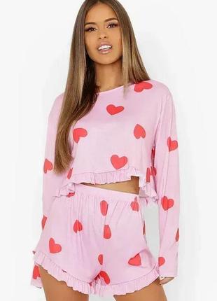 Стильный комплект укороченный шорты высокая посадка с сердечками boohoo 34/xs