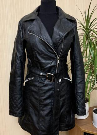 Кожаный тренч стильная косуха пальто кожа pu утеплен на искусственном меху1 фото