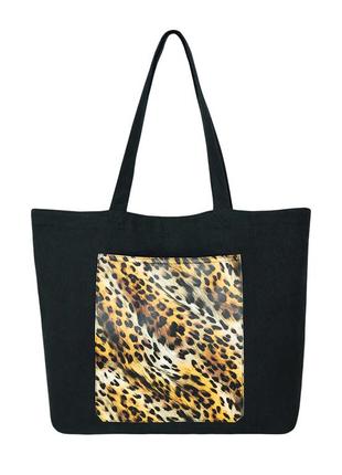Жіноча сумка-шоппер, тоут сумка tote bag, леопардовий принт, чорна сумка велика обємна