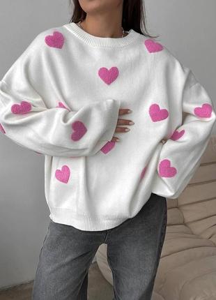 Гарний жіночий светр з сердечками оверсайз кофта стильна турецького виробництва якісна
