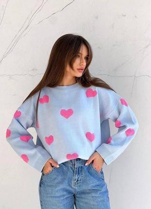 Гарний жіночий светр з сердечками оверсайз кофта стильна турецького виробництва якісна1 фото