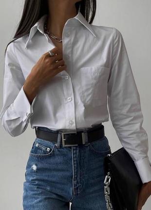 Рубашка женская белая однотонная на пуговицах с карманом качественная стильная базовая
