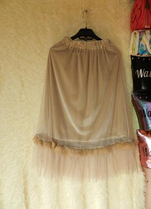 Красивая и элегантная юбка миди с сеткой евро фанин и натуральным мехом