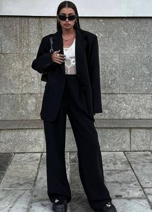 Костюм женский однотонный классический оверсайз пиджак на пуговице брюки свободного кроя на высокой посадке качественный базовый черный