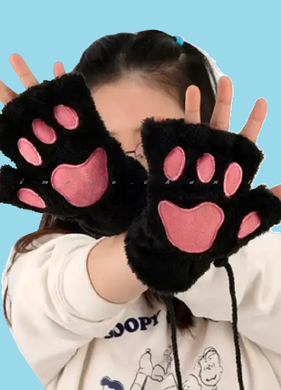 Варежки японские аниме плюшевые черные кошачьи лапки мягкие рукавички без пальцев косплей