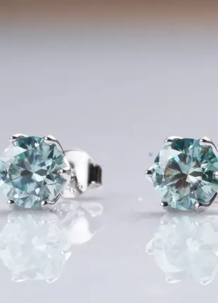 Срібні сережки з блакитними діамантами муассанітами, блакитний муассаніт2 фото