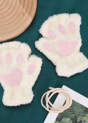 Перчатки / перчатки кошки / пушистые перчатки / белые перчатки / митенки / перчатки1 фото