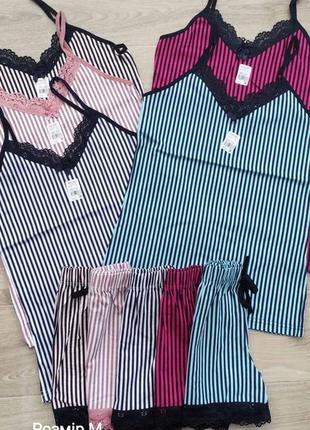 Пижама женская хлопковая майка на тонких бретелях и шорты в полоску р.m  hnx турция, в ассортименте1 фото