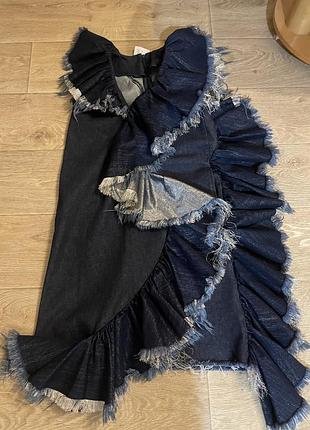 Платье миди, с воланами, джинсовое, шикарное, с рюшами