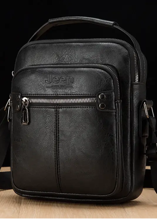 Мужская кожаная чоловіча шкіряна черная коричневая повседневная сумка барсетка на плечо jeep