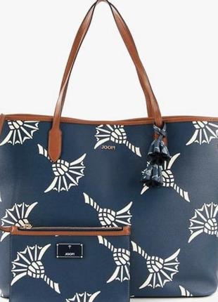 Синьо-коричнева сумка joop оригінал шопер з гаманцем еко шкіра з білими візерунками на пляж