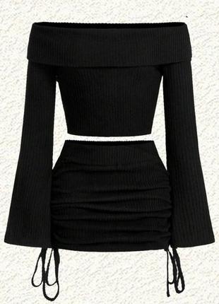 Женский черный стильный трендовый комплект костюм двойка кофта с длинным рукавом и нижние