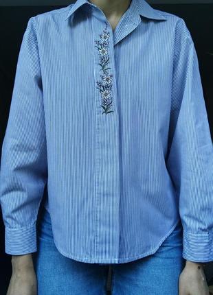 Летняя рубашка в мужском стиле в полоску с вышивкой оверсайз biaggini3 фото