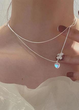 Двойной подвес на шею с сердечком под серебро
