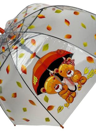 Дитяча прозора парасолька-тростина напівавтомат із яскравими малюнками ведмедиків від rain proof з жовтогарячою ручкою 0272-6