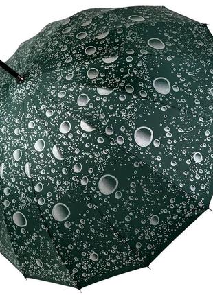 Жіноча парасолька-тростина на 16 спиць з абстрактним принтом напівавтомат від фірми toprain темно-зелена 01541-2