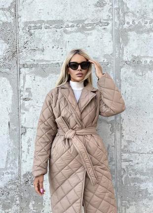 Куртка пальто миди из плащёвки на силиконе стеганая с поясом курточка тепла длинная трендовая стильная4 фото