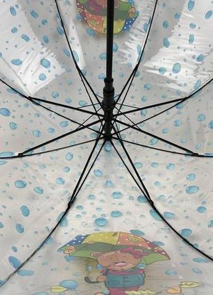 Детский прозрачный зонт-трость полуавтомат с яркими рисунками мишек от rain proof с синей ручкой 0272-33 фото