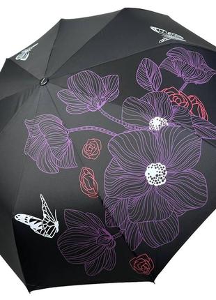 Женский складной зонт полуавтомат на 9 спиц от toprain с принтом цветов черный 0137-2