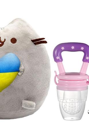 Мягкая игрушка pusheen cat с сердцем ниблер силиконовый с насадками и цепочкой держателем розовий s&t