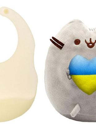 М'яка іграшка pusheen cat s&t із серцем і напівпрозорий силіконовий слинявчик бежевий (vol-10580)