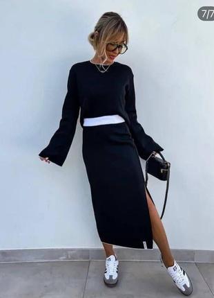 Костюм женский оверсайз кофта юбка миди на высокой посадке качественный стильный трендовый черный