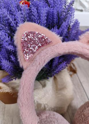 Меховые розовые наушники с ушками для девочки4 фото