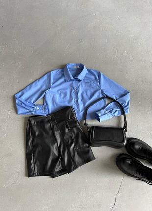 Шорты юбка с карманом из экокожи на замше, черная кожаная юбка шорты на весну10 фото
