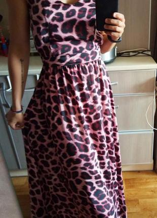Шифоновое платье в пол с открытой спиной розовый леопард размер s-m