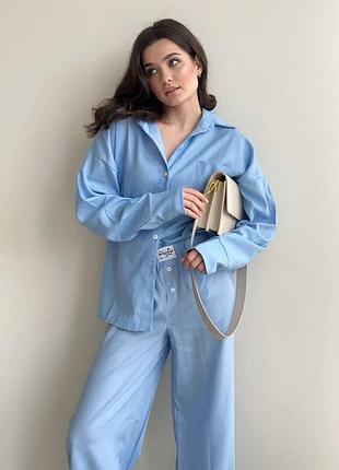 Костюм женский однотонный голубой оверсайз рубашка на пуговицах с карманом брюки свободного кроя на высокой посадке качественный льняной