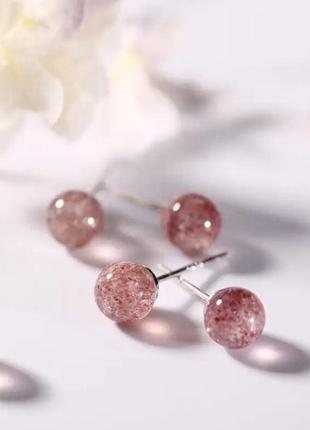 Срібні сережки-гвоздики,пусети 925 проби з рожевим кварцем1 фото