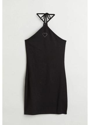 Чёрное платье мини с завязками на шее и сердечком из страз/холтер3 фото