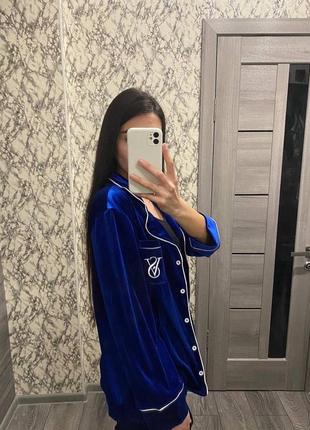 Велюровая пижама в стиле victoria’s secret синяя электрик бархат3 фото