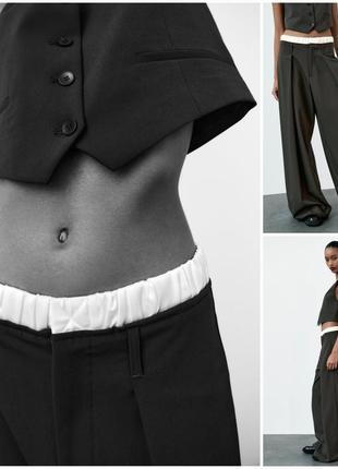 Zara новая модель широких брюк з контрастним поясом в стиле трусов-боксеров.6 фото