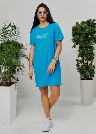 Платье - футболка женское, базовое, хлопковое, летнее, батал, голубое2 фото