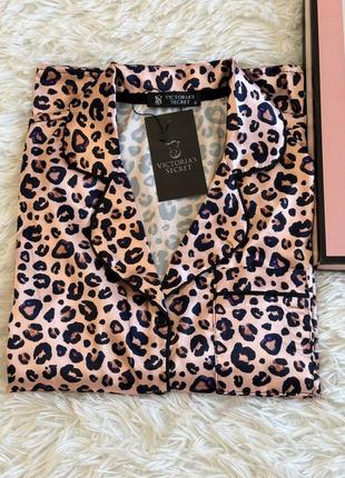 Шовкова леопардова піжама в стилі victoria’s secret сорочка з довгим рукавом та штани4 фото