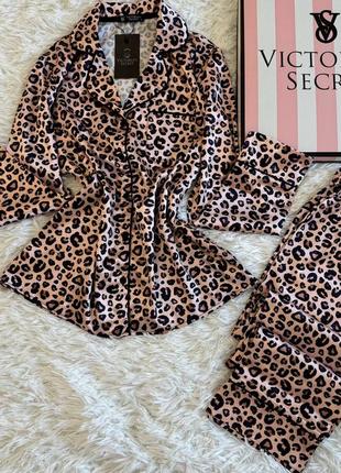 Шовкова леопардова піжама в стилі victoria’s secret сорочка з довгим рукавом та штани2 фото