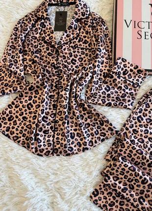 Шовкова леопардова піжама в стилі victoria’s secret сорочка з довгим рукавом та штани5 фото