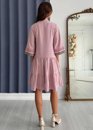 Сукня міді жіноча вишиванка весняна пудрова з мереживом 3502-014 фото