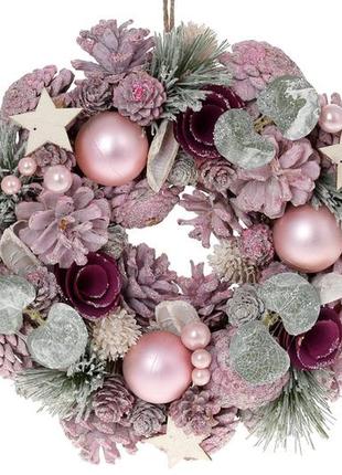 Венок новогодний с декором из шишек, шаров и ягод, 26см, цвет - розовый с бордо 743-771 остаток1 фото